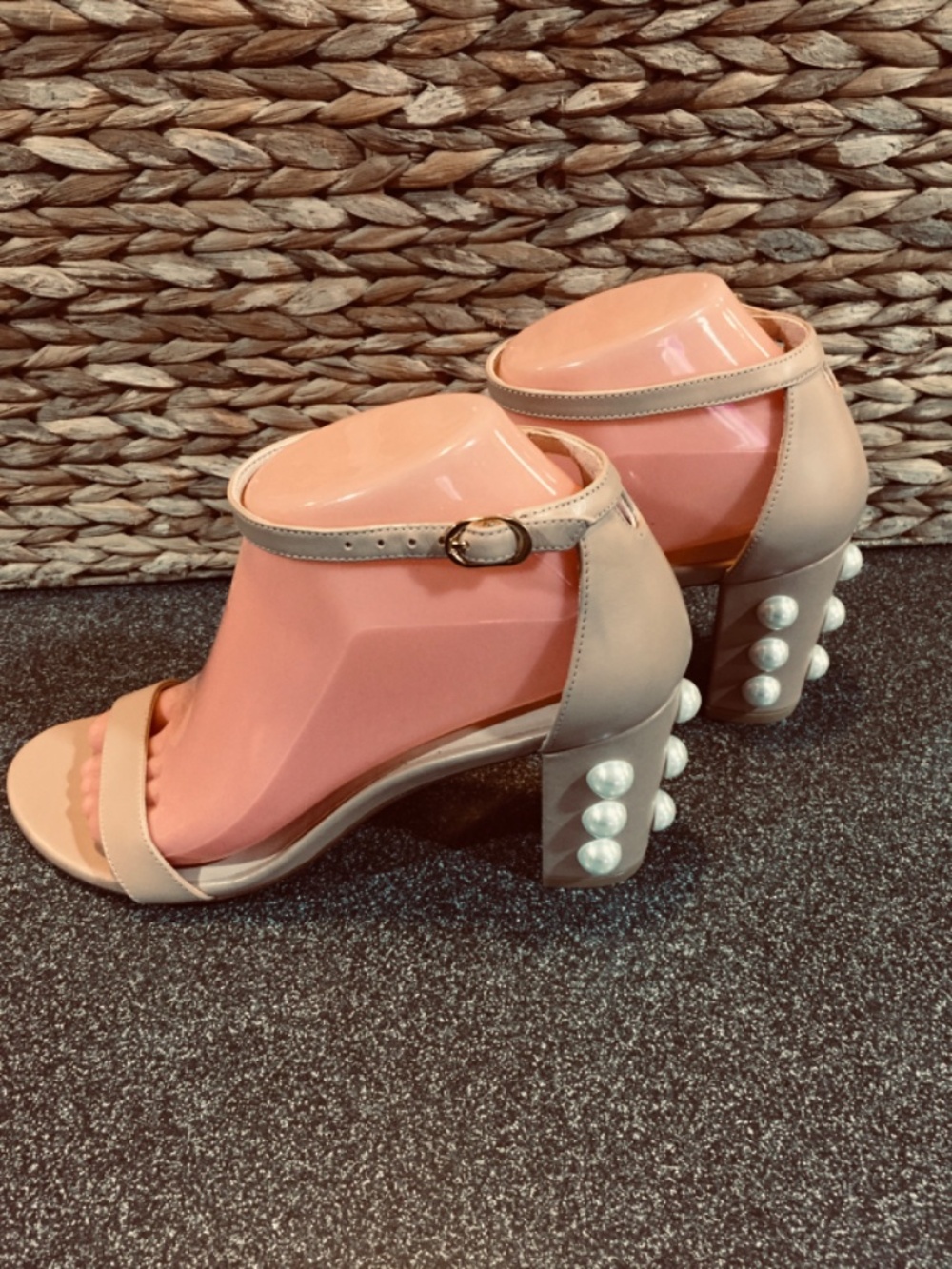 Stuart Weitzman Nude Beige Pearl-Embellished Block Heel Sandals - Picture 8 of 15